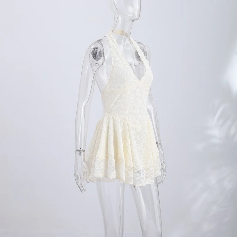 Zilpah Lace Halter V-Neck A-Line Mini Dress