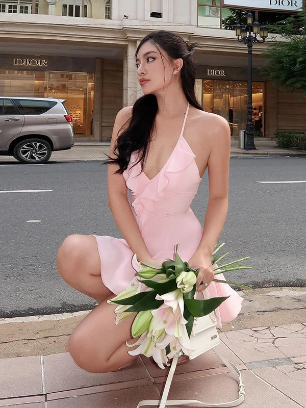 Katarina Pink Ruffle Halter Mini Dress
