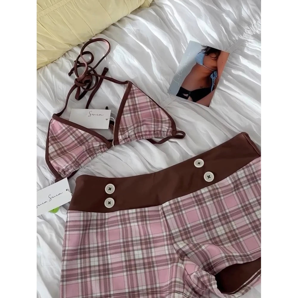 Plaid 3 Pieces Bikini Swimsuit with Cover Up Swimwear Women Bathing Suit Mini Pants Micro Bikini Set Swimming Suits Biquini