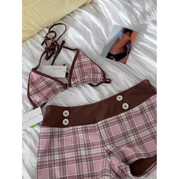 Plaid 3 Pieces Bikini Swimsuit with Cover Up Swimwear Women Bathing Suit Mini Pants Micro Bikini Set Swimming Suits Biquini