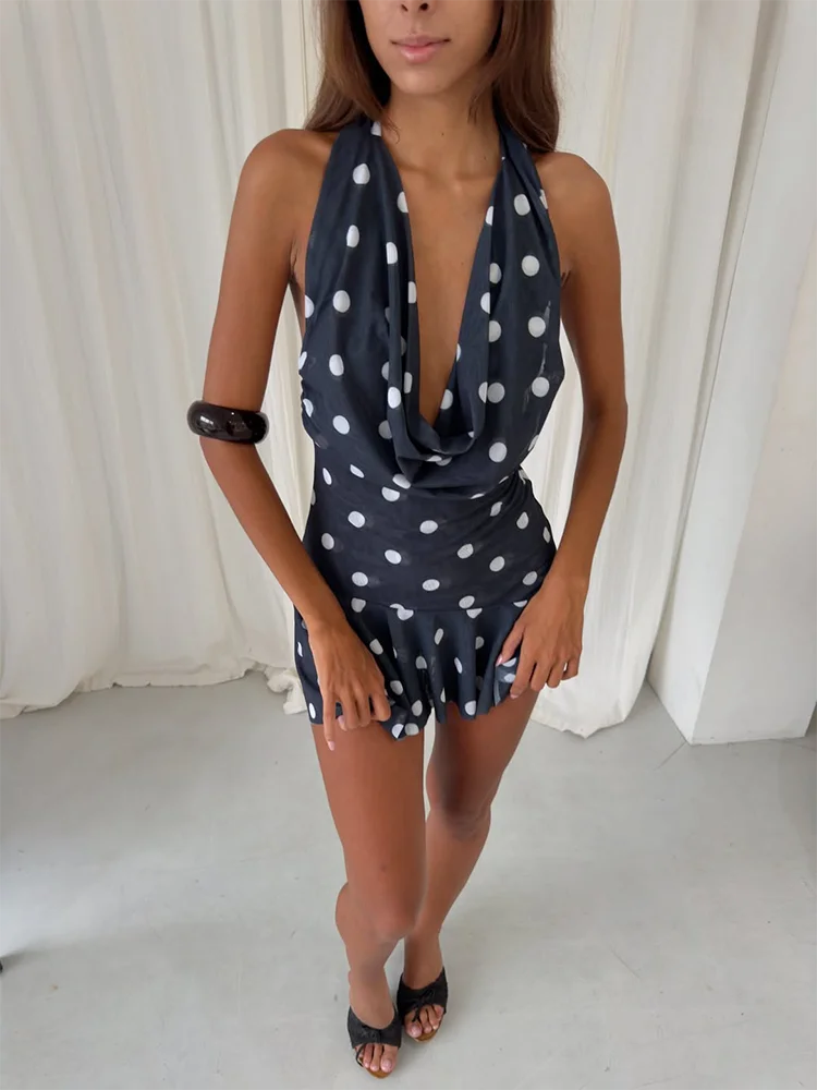 Marceline Navy Polka Dot Mesh Halter Mini Dress