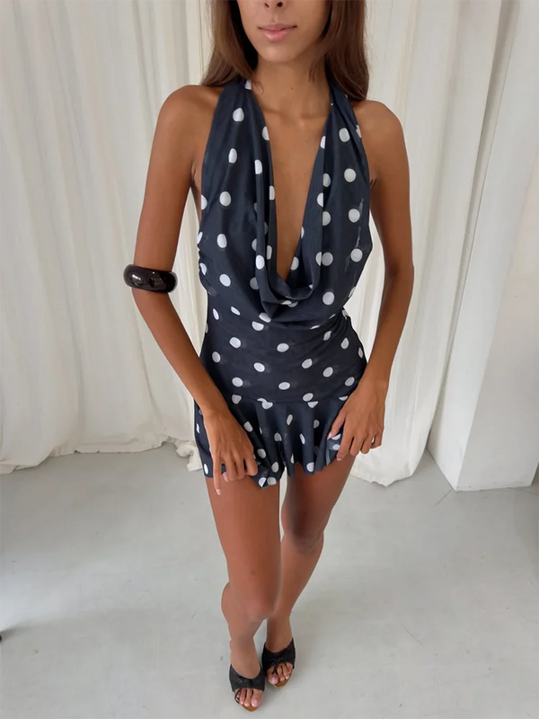 Marceline Navy Polka Dot Mesh Halter Mini Dress