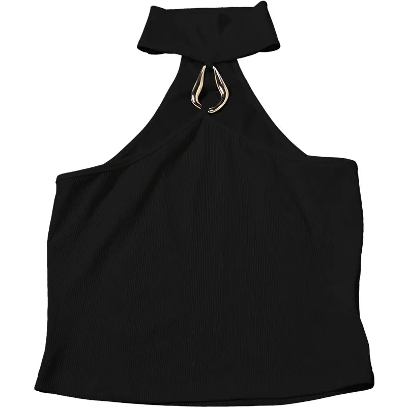 Metal Buckle Decoration Tank Tops Women Turtleneck Off Shoulder Skinny Stretch Street Fashion Wild Style Solid Outfits