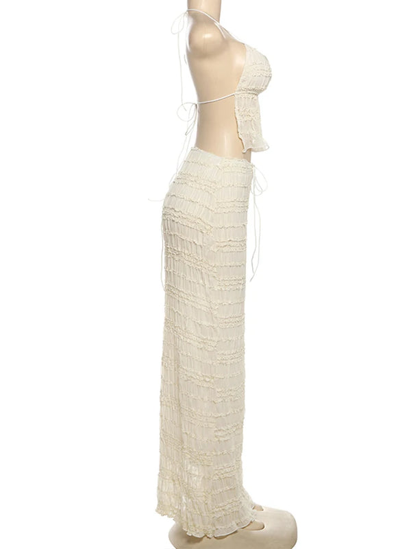 Oksana Sheer Crinkle Mesh Halter Lace-Up Crop Top & Maxi Skirt Two-piece
