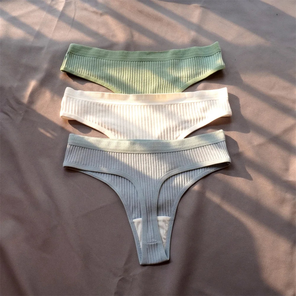 Mirelle Ribbed Cotton Thong Pack Lingerie 3-piece