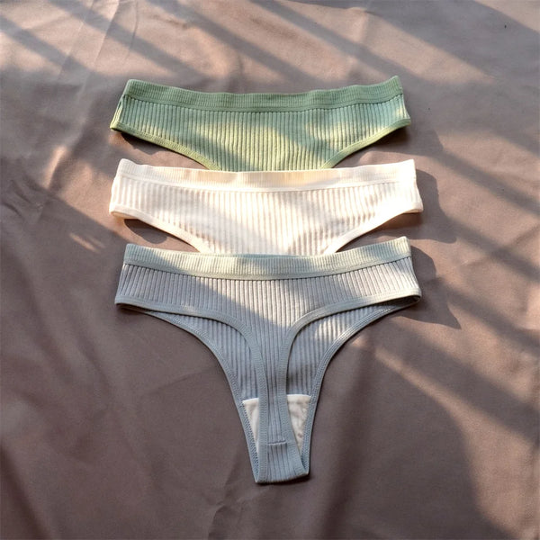 Mirelle Ribbed Cotton Thong Pack Lingerie 3-piece