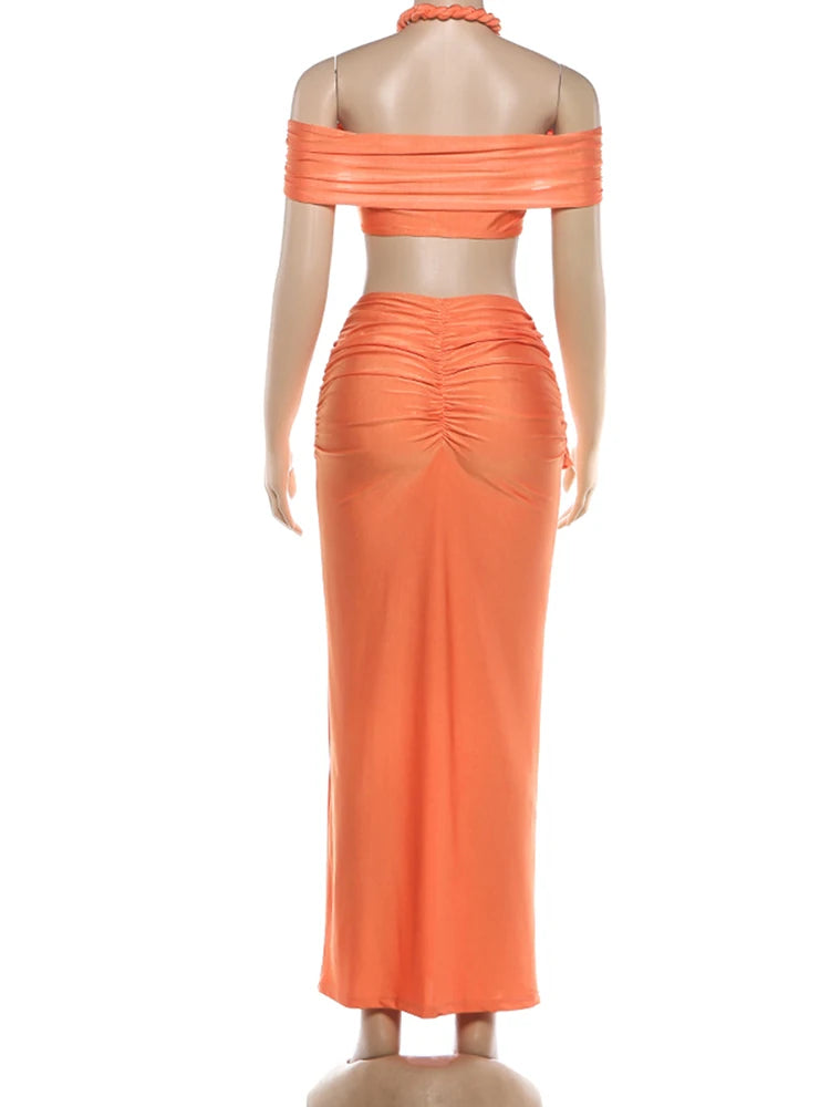 Kliou Twist Bandage Design 2 Piece Set Woman Halter Off Shoulder Backless Crop Tops+Ruched Long Skirts Prom Party Elegant Suits