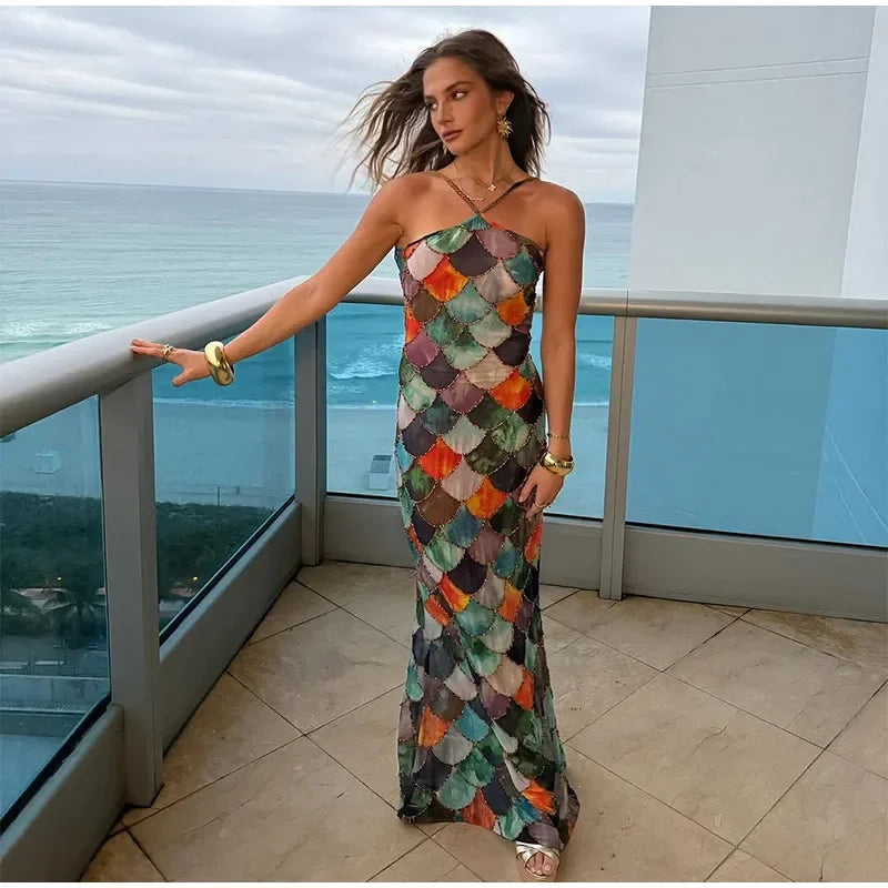 Gwenllian Harlequin Print Halter Slip Maxi Dress