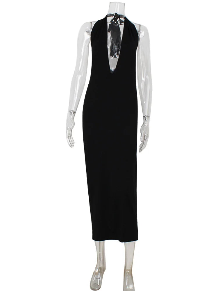 Viviana Deep-V Halter Backless Maxi Dress