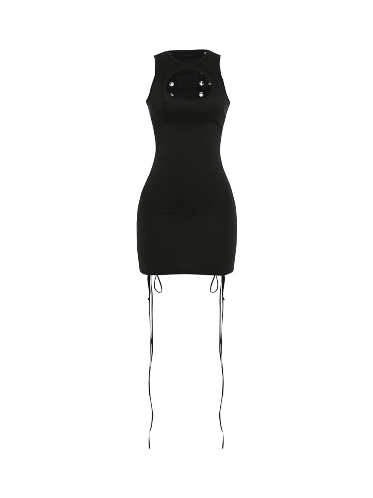 Kliou Sexy Hollow Mini Dress Woman o-Neck Sleeveless Metal Rings Cross Bandage Decoration Midnight Club Party Fashion Bodycon