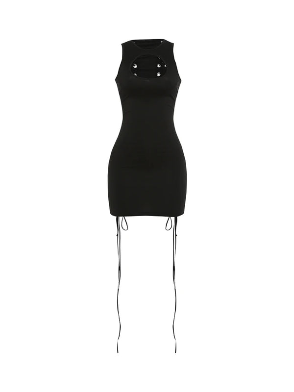 Kliou Sexy Hollow Mini Dress Woman o-Neck Sleeveless Metal Rings Cross Bandage Decoration Midnight Club Party Fashion Bodycon
