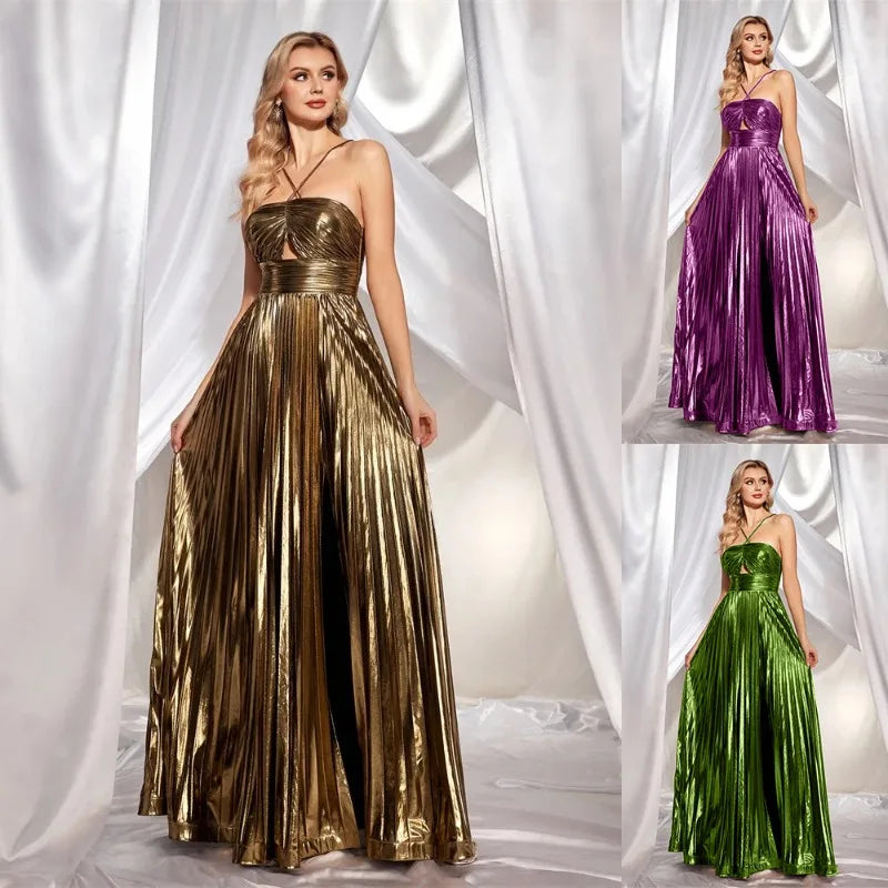 Alina Gold Pleated Halter Maxi Dress
