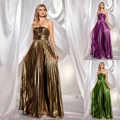 Alina Gold Pleated Halter Maxi Dress