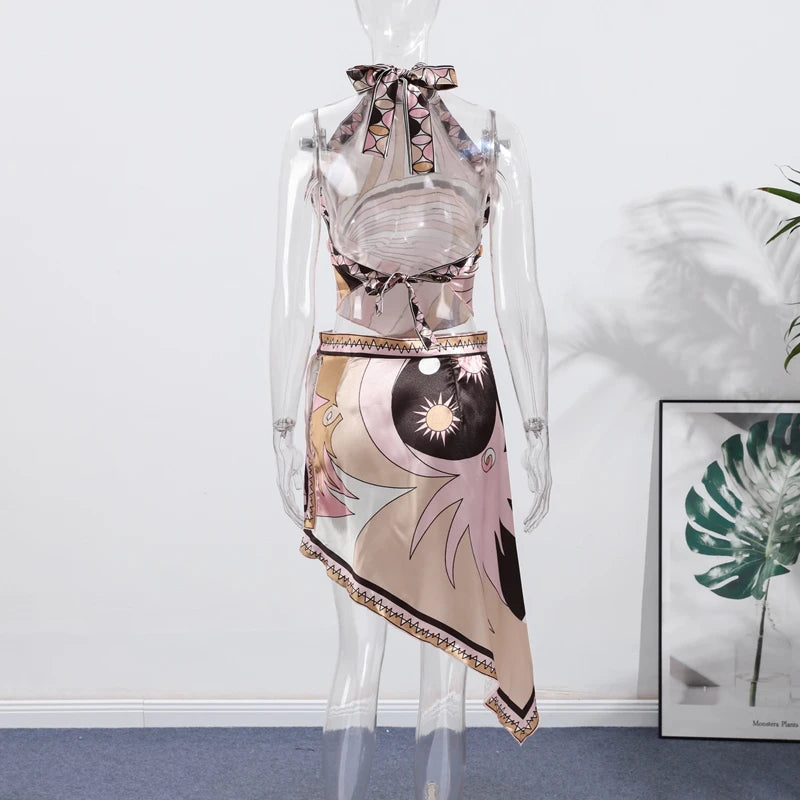 Briseis Printed Halter Top, Shorts & Asymmetric Skirt Three-piece