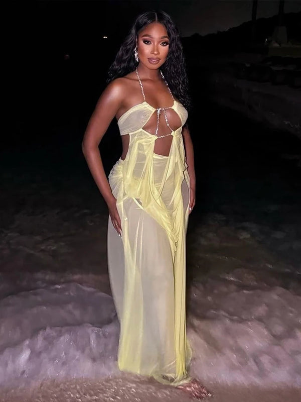Kira Chain-Halter Mesh Maxi Dress