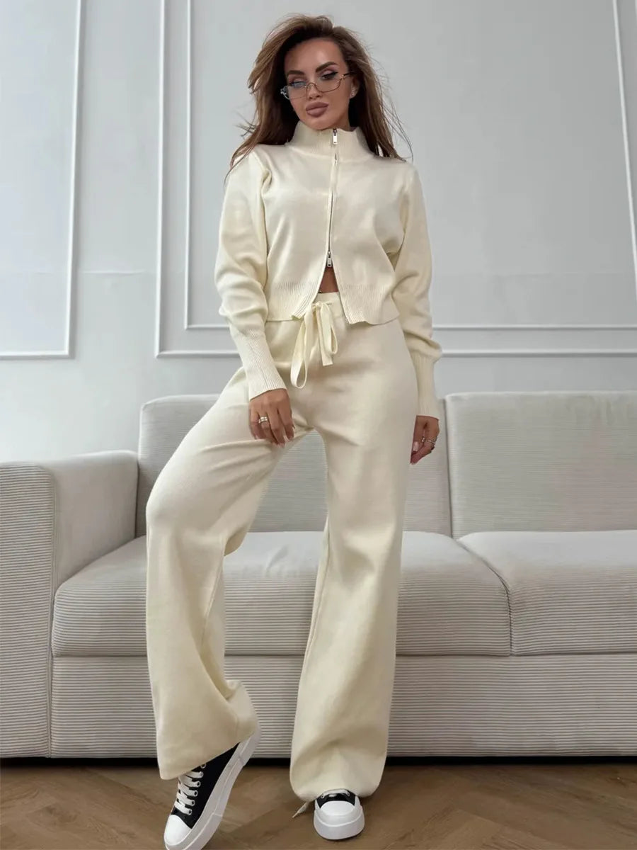 Sigourney Knit Zip-Up Cropped Cardigan & Wide-Leg Pants Two-Piece Set