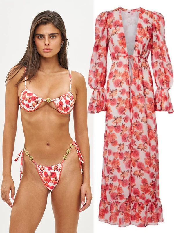 Marisa Red Floral String Bikini & Mesh Cover-Up Dress Collection