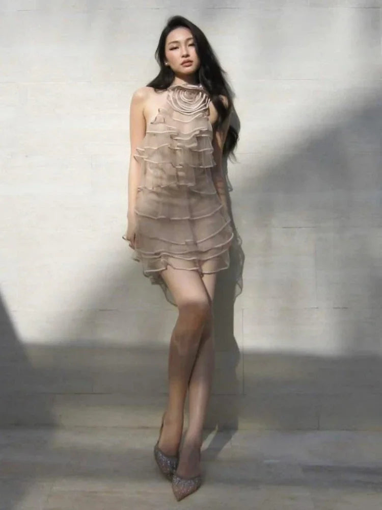 Fiorella High-Neck Ruffle Tiered Maxi Dress