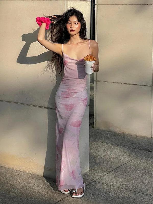 Blossom Printed-Mesh Cami Bodycon Midi Dress