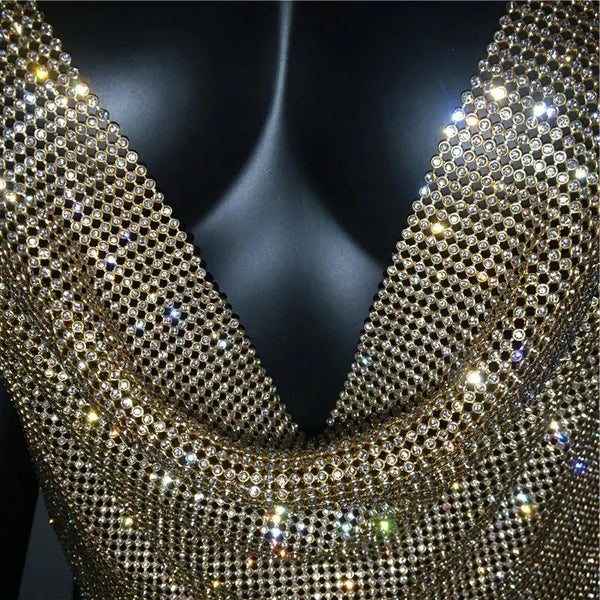 Festival Brilliant Rhinestone Backless Party Crop Top Women 2025 Summer Glitter Evening V Neck Diamonds Metal Tank Tops