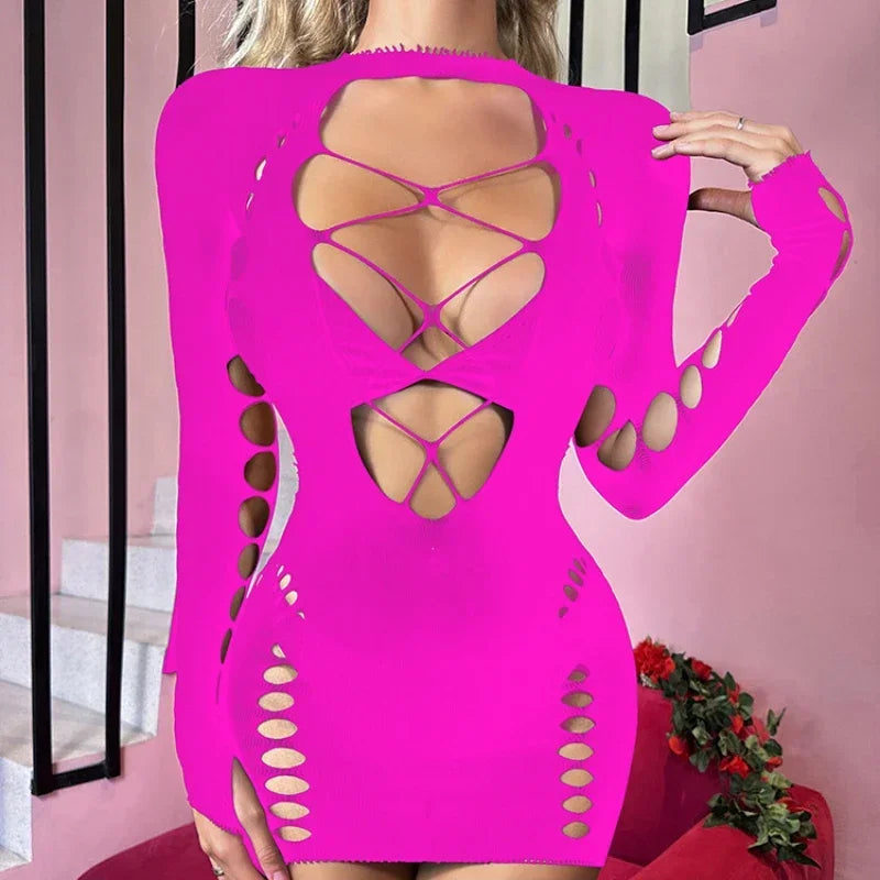 Veronique Long-Sleeve Lace-Up Cutout Fishnet Bodycon Lingerie Mini Dress