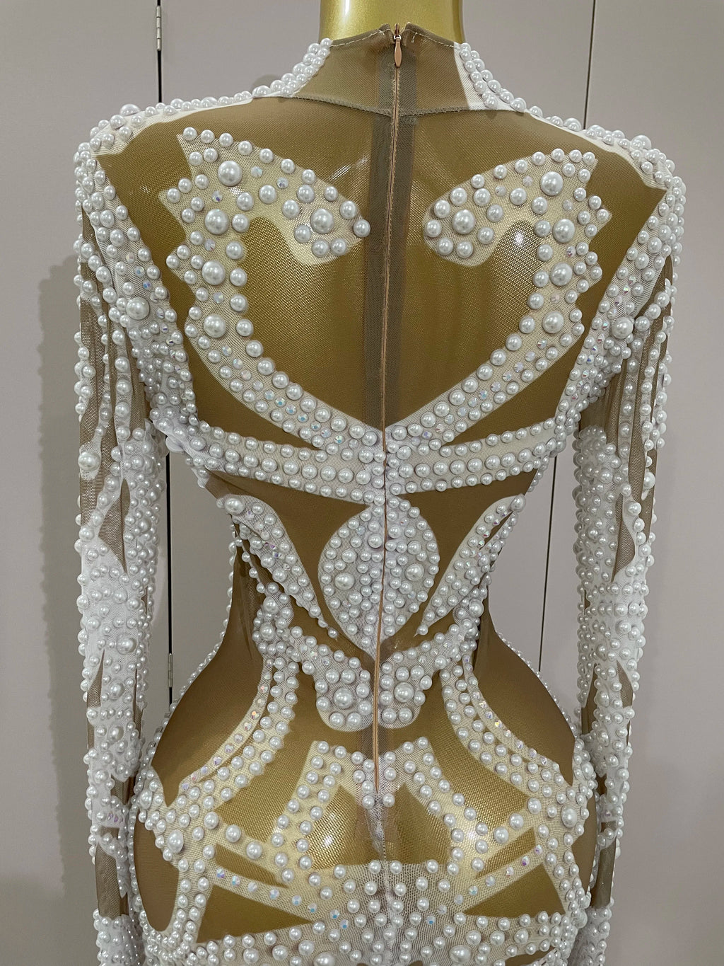 Alessia Pearl Rhinestone Mesh Long-Sleeve Mini Dress