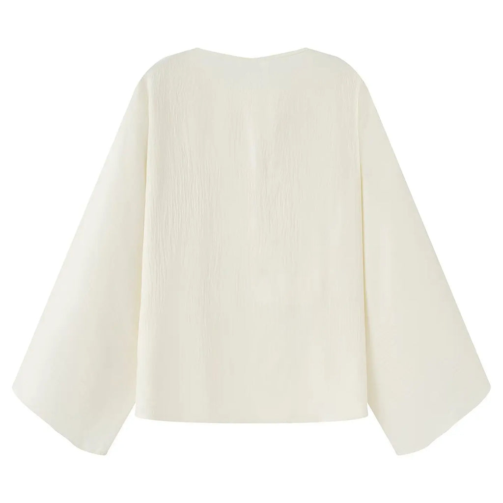 Evangelina Embroidered Lace Bell-Sleeve Tie-Neck Blouse & Mini Skirt Two-piece