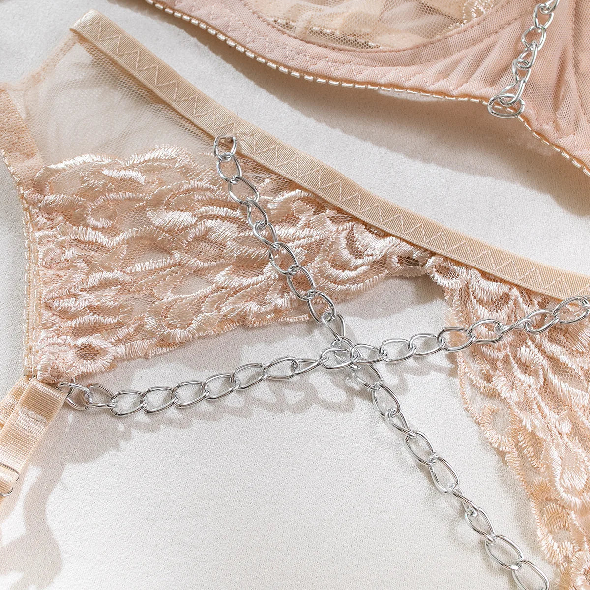 Oriane Floral Embroidered Chain-Trim Garter Lingerie Set