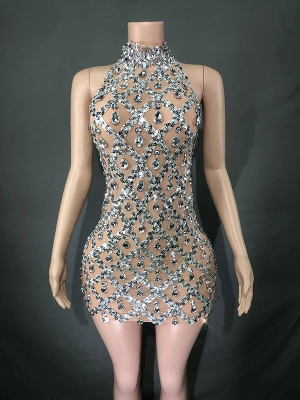 Adara Crystal Sequin Sheer Performance Mini Dress