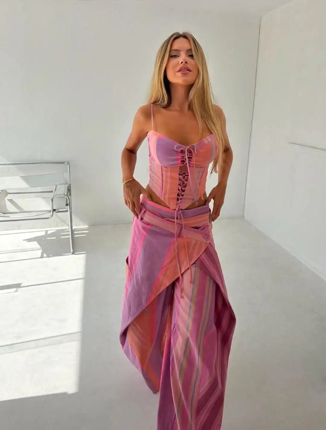 Valentina Striped Lace-Up Tube Top & Wrap Wide-Leg Pants Two-piece