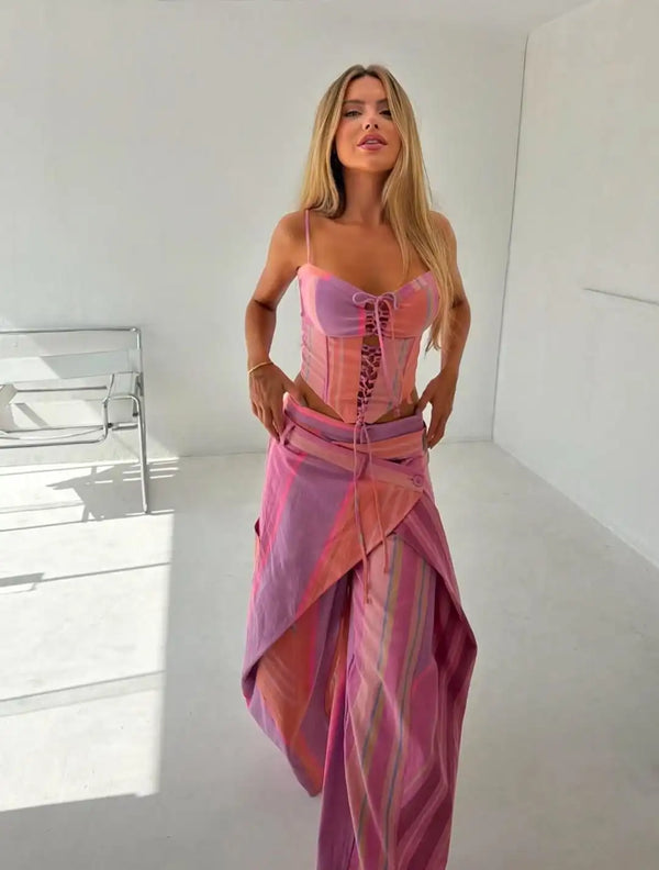 Valentina Striped Lace-Up Tube Top & Wrap Wide-Leg Pants Two-piece