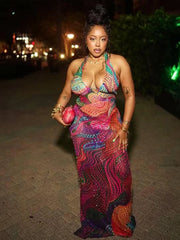 Aria Sunset Swirl Halter Mesh Maxi Dress