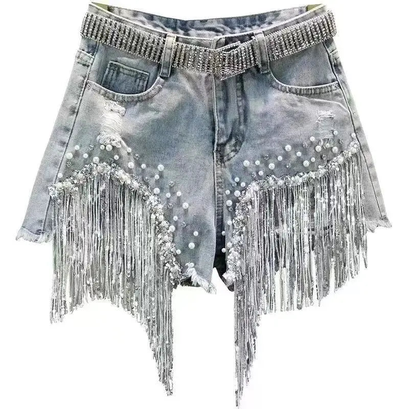 Ximena Rhinestone Pearl Fringe Denim Shorts Apparel One-piece Main image