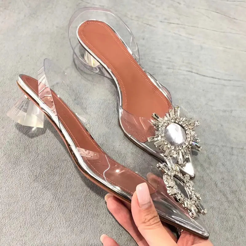 34-45 PVC Transparent Crystal Shoes 2024 Summer New Pointed Odd Heel Shoes Stiletto Ladies Sun Decoration Wild Fairy Shoes