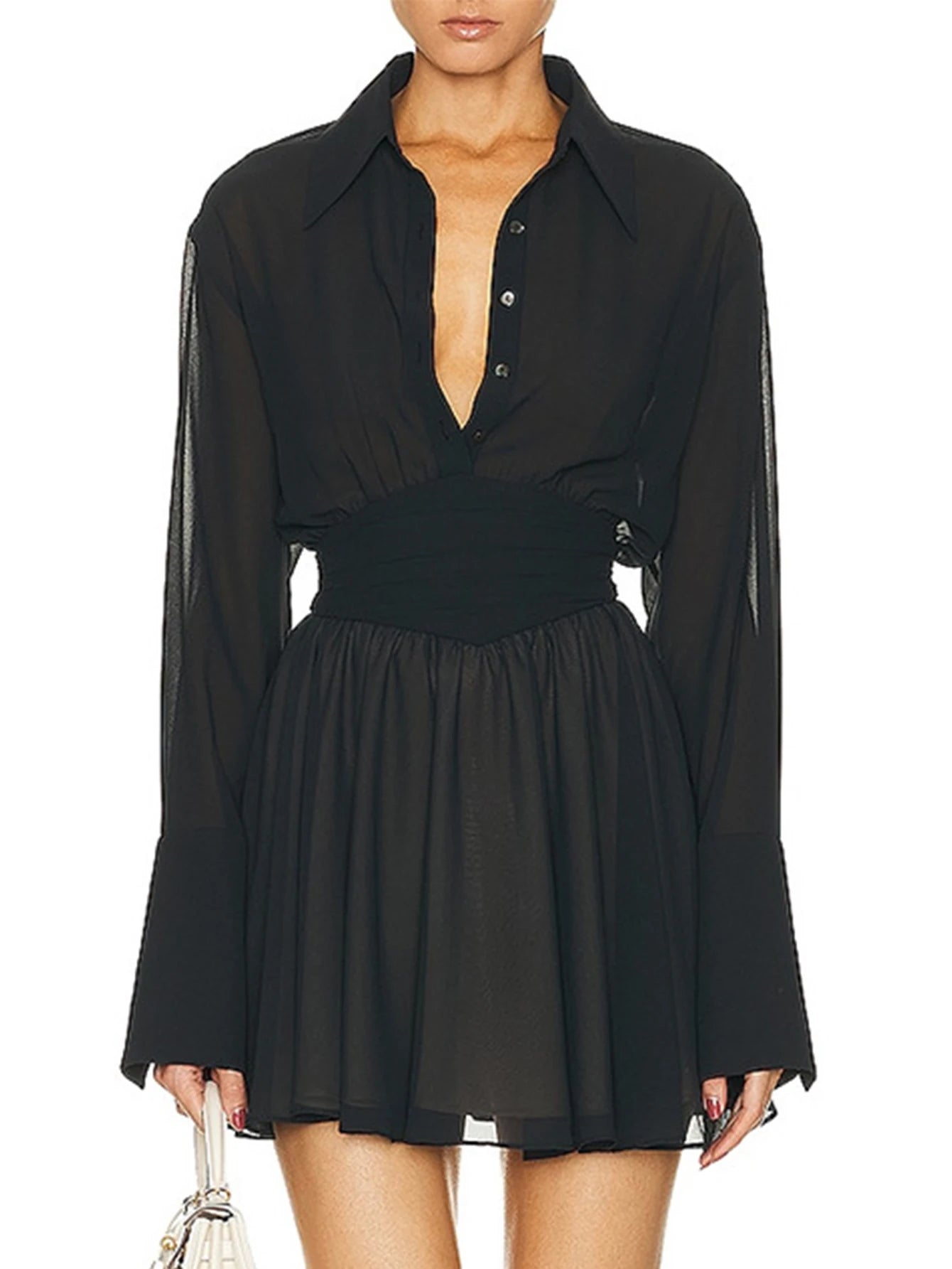 Geneva Sheer Long-Sleeve Chiffon Shirt Mini Dress
