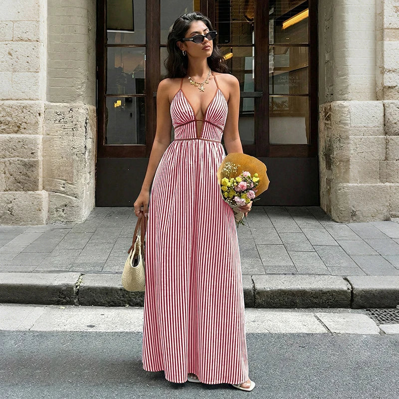 Valencia Striped Deep-V Backless Beach Maxi Dress
