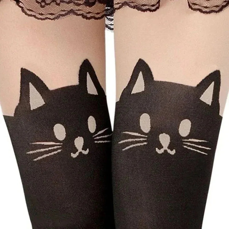 Minka Cat-Print Thigh-High Socks