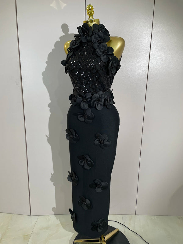 Winona Beaded Floral Mesh Bandage Maxi Dress