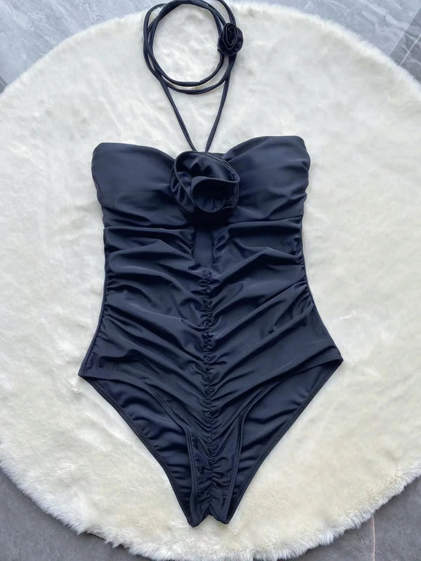 Philippina Black Bandeau 3D Flower Cutout One-Piece Swimsuit