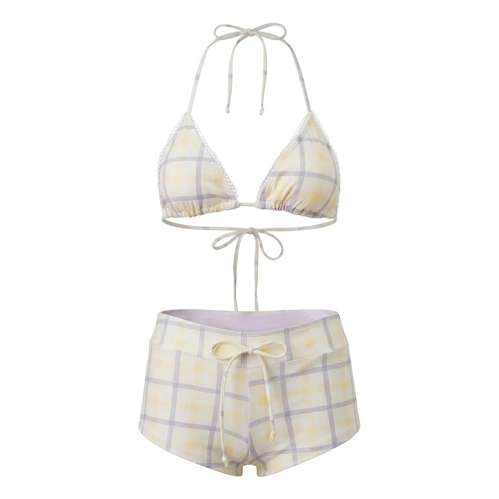 hirigin Women's 2 Piece Bikini Set Fashion Plaid Print Sleeveless Halter Neck Triangle Tops and Low Waist Boyshorts Bathing Suit