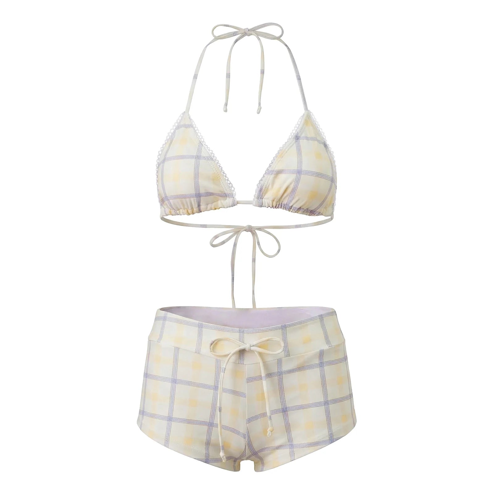 hirigin Women's 2 Piece Bikini Set Fashion Plaid Print Sleeveless Halter Neck Triangle Tops and Low Waist Boyshorts Bathing Suit