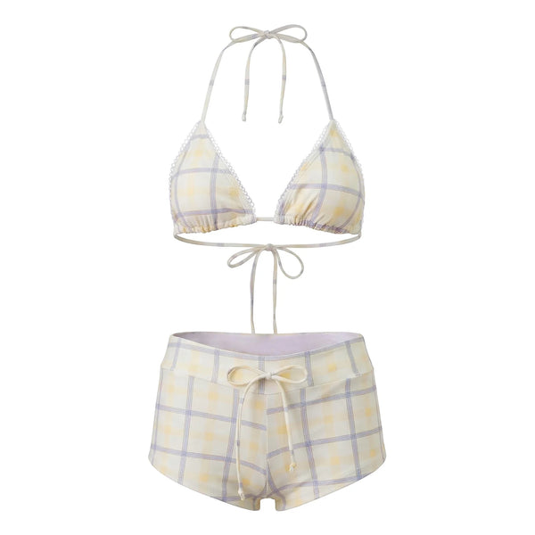 hirigin Women's 2 Piece Bikini Set Fashion Plaid Print Sleeveless Halter Neck Triangle Tops and Low Waist Boyshorts Bathing Suit