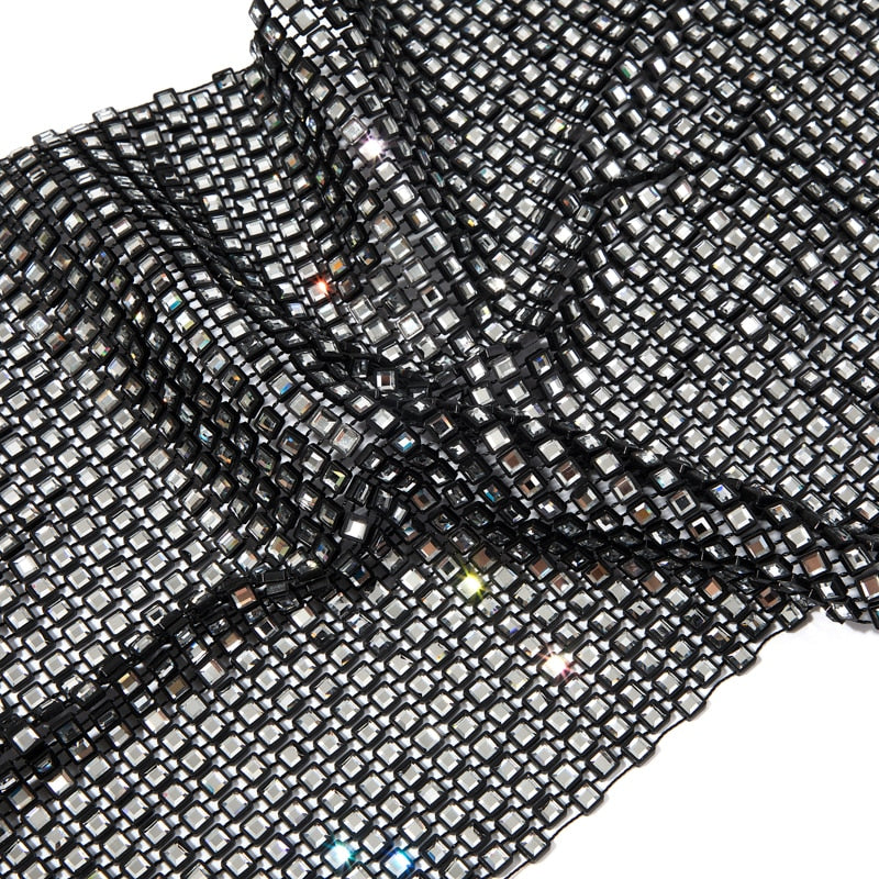 Leqoel Rhinestone Tops for Women 2022 Fashion Sleeveless Halter Hollow Out Shiny Metal Cropped Mesh Tank Sexy Backless Top