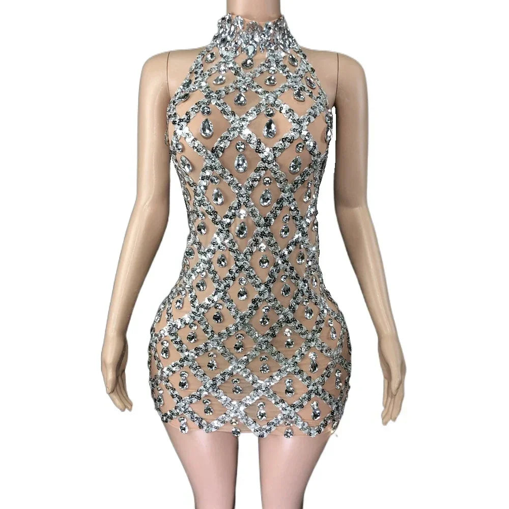 Adara Crystal Sequin Sheer Performance Mini Dress