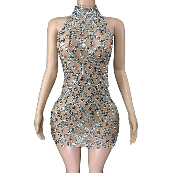 Adara Crystal Sequin Sheer Performance Mini Dress