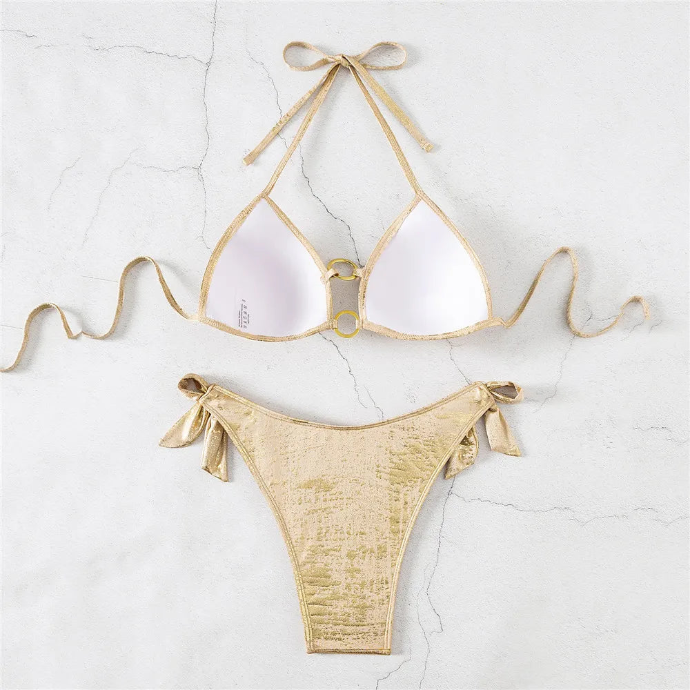 Solenne Gold Ring-Knot Thong Bikini Two-piece