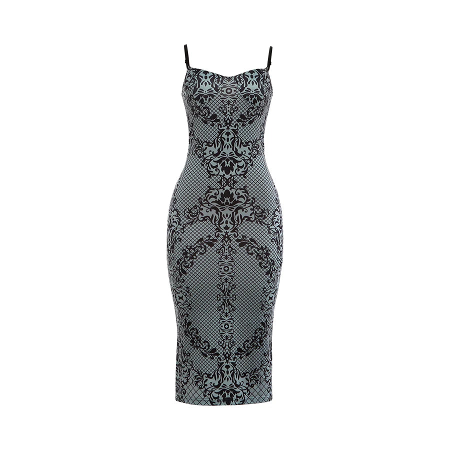 Kliou Art Print Sexy Fashion Sling Dress Woman Low-Neck Backless Sleeveless Skinny Stretch Midnight Party Elegant Long Bodycon