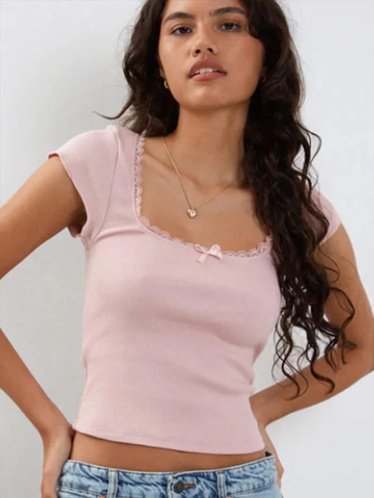 Maisie Lace-Trim Square-Neck Baby Tee One-piece