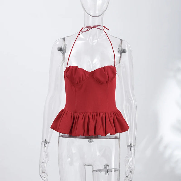 Perpetua Red Halter-Tie Sweetheart Peplum Top One-piece