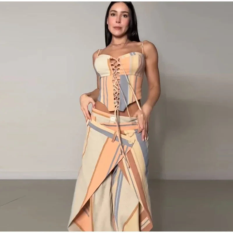 Valentina Striped Lace-Up Tube Top & Wrap Wide-Leg Pants Two-piece